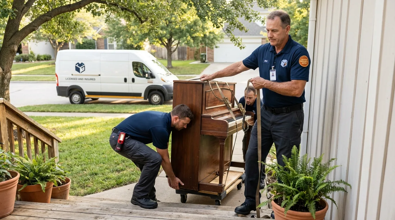 Licensed piano movers securing grand piano in Tucson, AZ