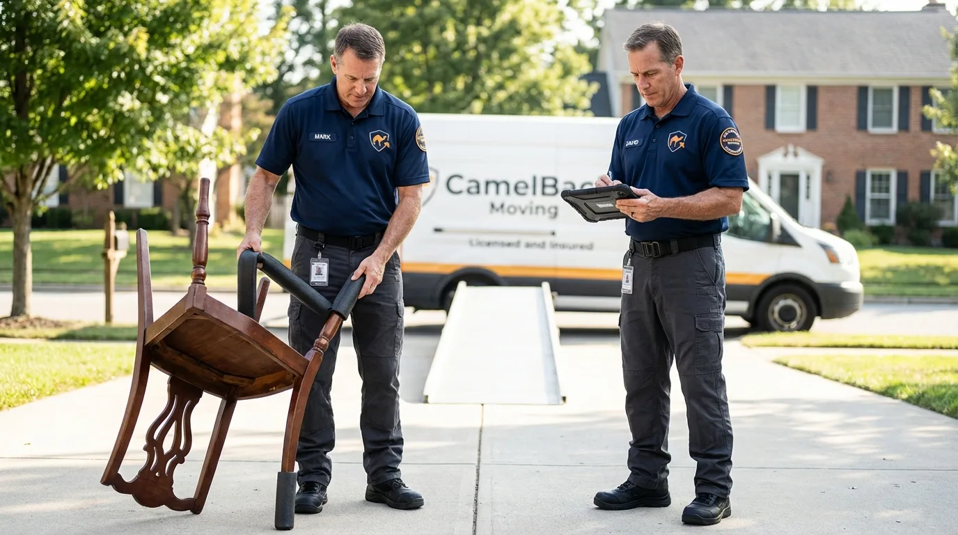 Movers inspecting furniture for damage prevention before loading in Tucson, AZ