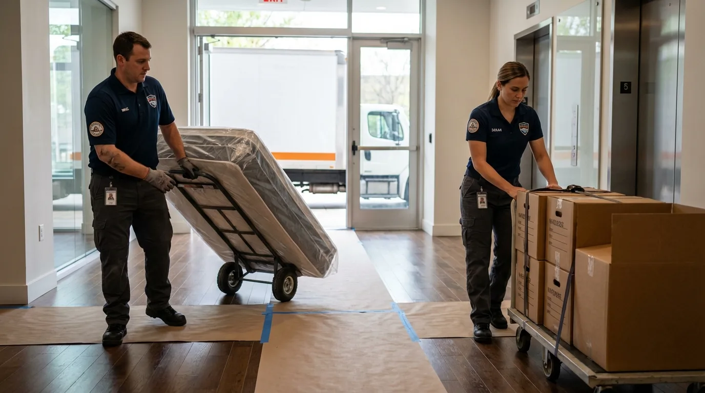 Professional apartment movers loading elevator in Tucson, AZ